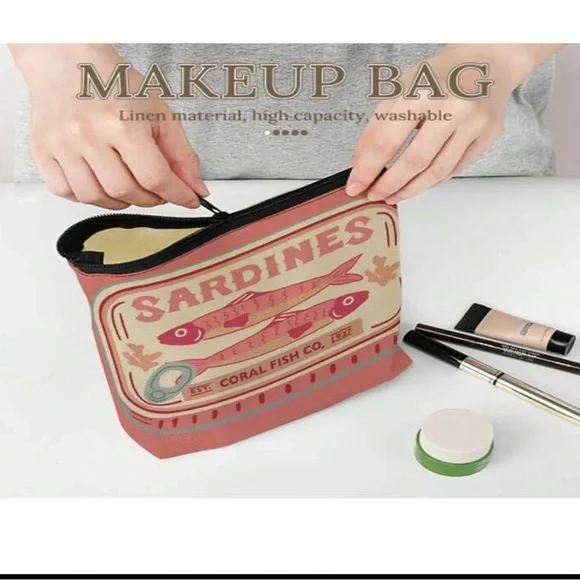 New Pink and Cream Sardines Make Up Carryall Canvas Zip Top Pouch OS - Picture 11 of 15